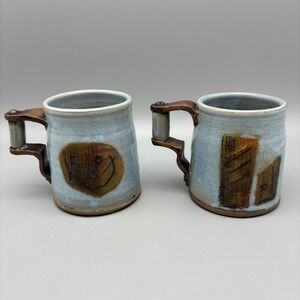 Art Pottery Mugs By R.‎ Madden Signed Set Of 2 Blue And Metal